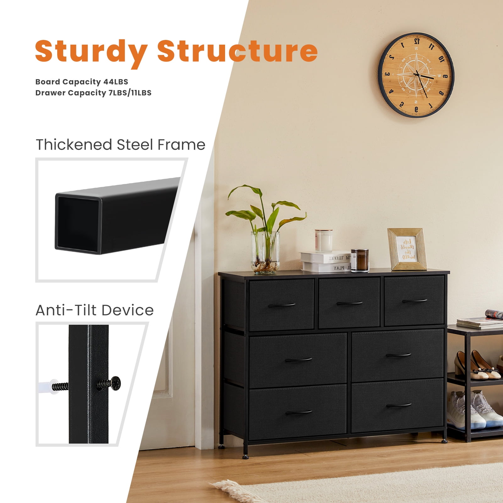 CONCETTA 7-Drawer Fabric Dresser Storage Chest for Bedroom, Closet, Storage Furniture for Adults, Black
