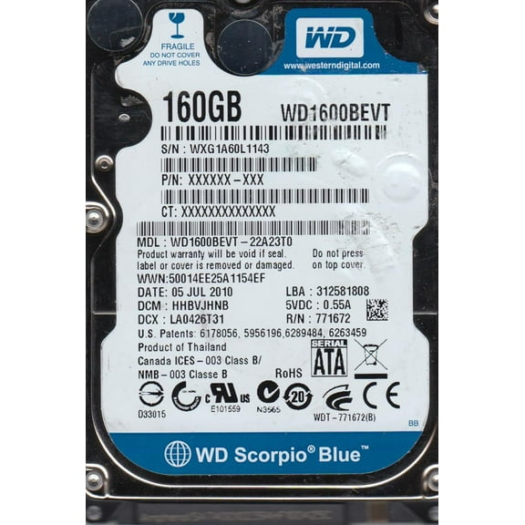 WD1600BEVT-22A23T0, DCM HHBVJHNB, Western Digital 160GB SATA 2.5 Hard Drive