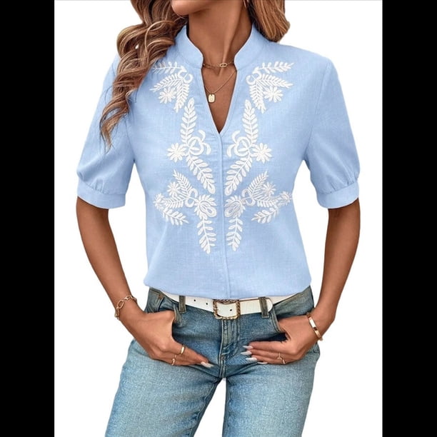 Camisas de Bordadas para Mujer, Blusa Informal de Corta con Cuello en V Azul XL