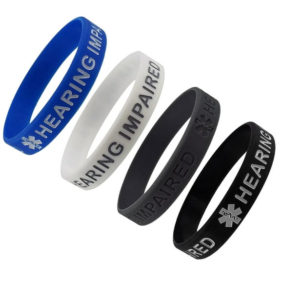 "HEARING IMPAIRED" Medical Alert ID Silicone Bracelet Wristbands 4 Pack