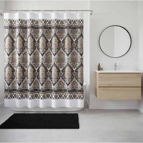 Serafina Home Bohemian Style Fabric Shower Curtain for Bathroom Kaleidoscope Design in Gold black Brown White 72IN x72 INBlack and Gold
