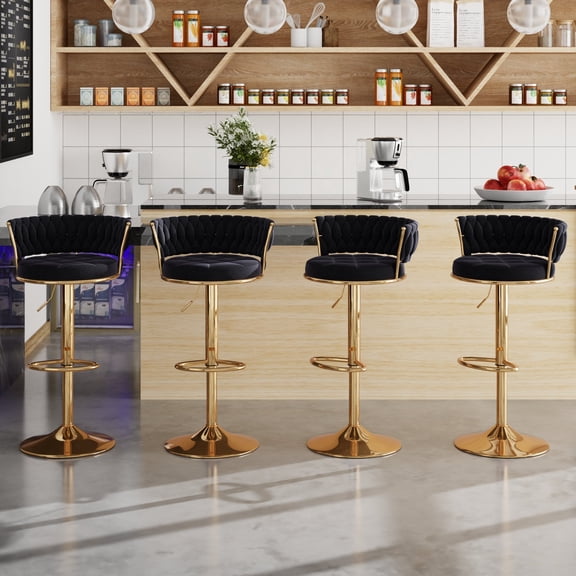 Set of 4 Velvet Bar Stools with 360° Swivel & Adjustable Height - Modern Counter Stools