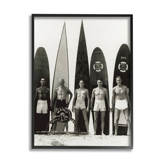 Stupell Industries Vintage Photography Men Surfer Surfboards Beach Sport Photograph Black Framed Art Print Wall Art, Design by Graffitee Studios