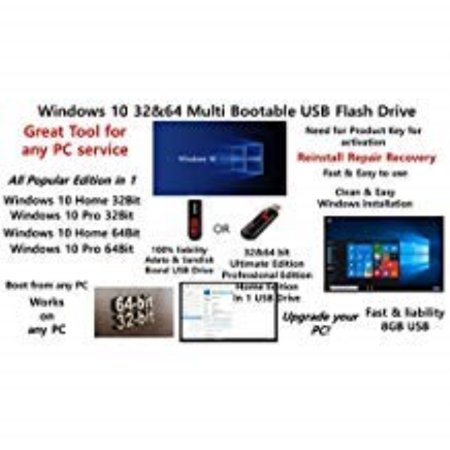 compatible windows 10 home and professional 32/64 bit usb flash drive. install to factory fresh, recover, repair and restore boot disc. fix pc, laptop and desktop.