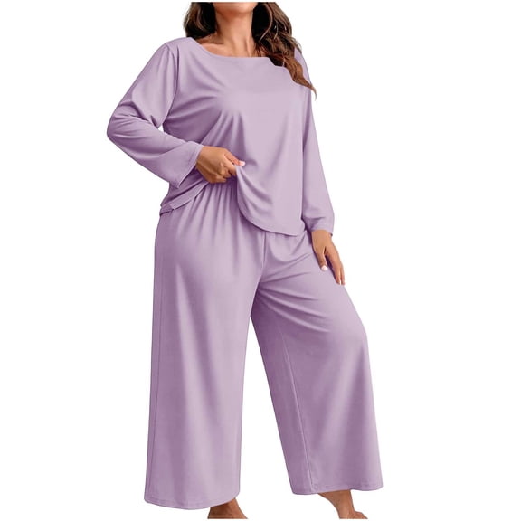 Njagoc3 Women's Crew Neck Lounge Set Long Sleeve Top with Wide Leg Pants 2 Piece Casual Sleepwear Multicolor