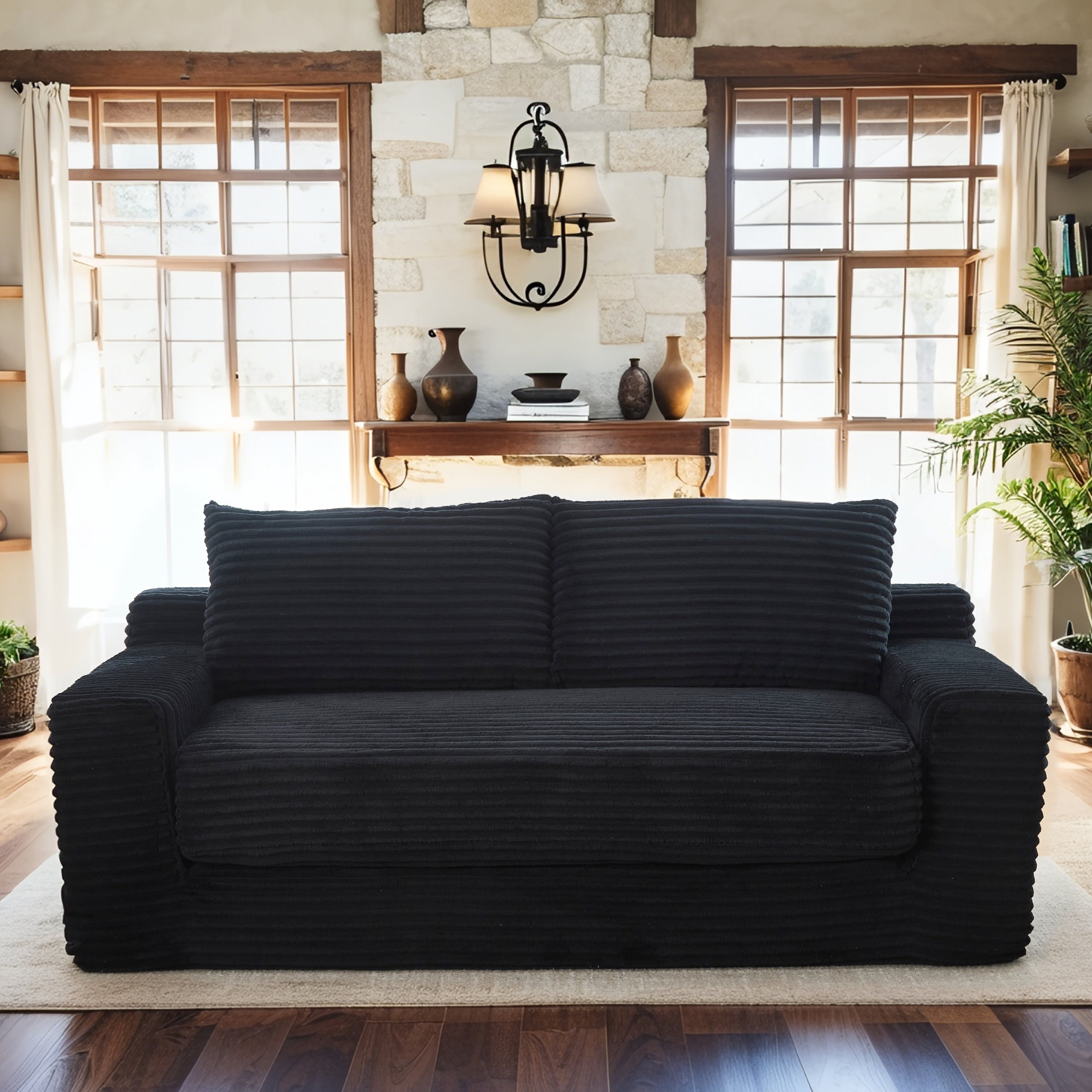 Leumius Convertible Loveseat Compression Sofa for Living Room,Corduroy 2 Seater Couch Memory Foam Sofa for Small Spaces,Apartments,Office,Black