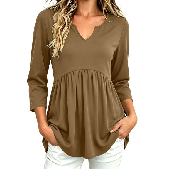 IUYRTFE Women V Neck 3/4 Sleeve Pleated Tunic Top with Pockets for Casual Daily Wear