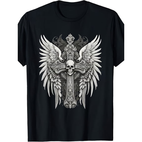 Men's Gothic Winged Skull Ornate Cross Graphic Cotton T-Shirt