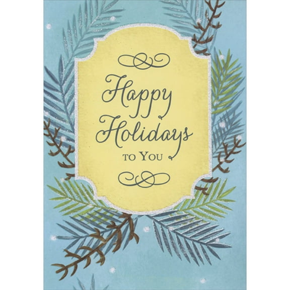 Designer Greetings Happy Holidays to You: Yellow Plaque and Pine Branches Holiday Greeting Card