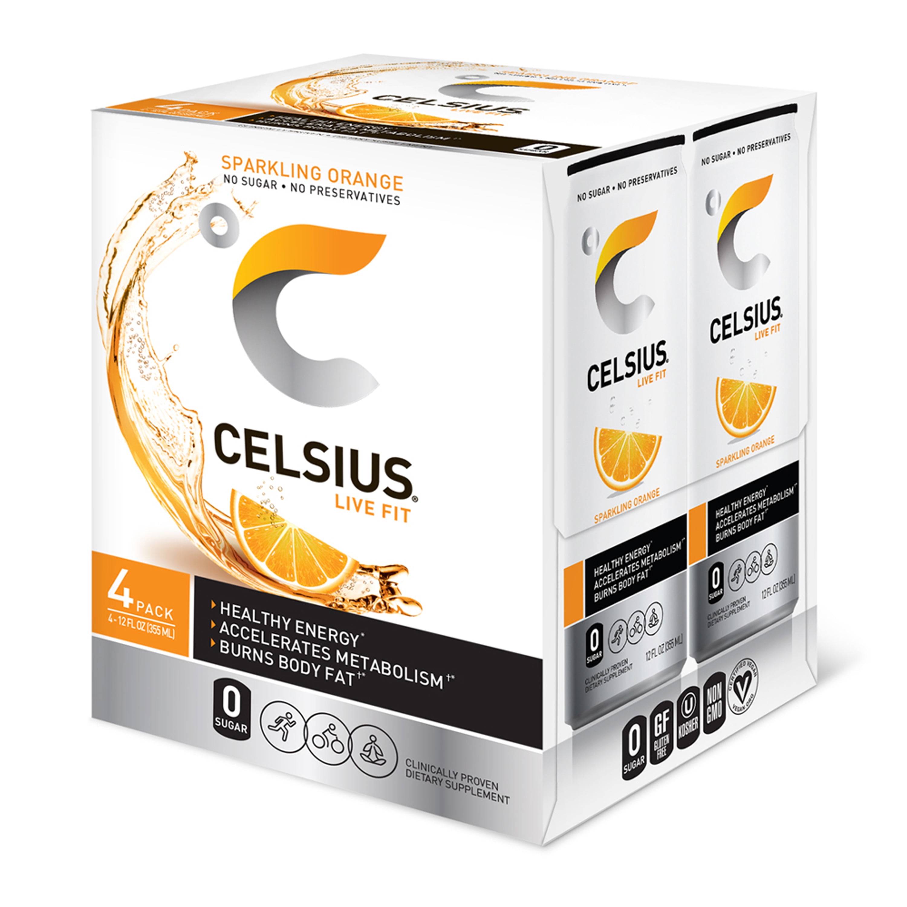CELSIUS Sparkling Orange Fitness Drink, Zero Sugar, 12oz. Slim Can, 4