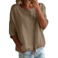 thumbnail image 5 of Helii Women's Cotton Linen Blouse – 3/4 Lantern Sleeve Round Neck Top, Plus Size Loose Fit Tunic with Drawstring Hem, Breathable Summer Shirt for Casual Vacation Brown,XL, 5 of 9