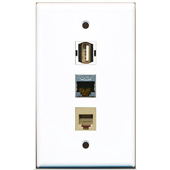 RiteAV - 1 Port USB A-A and 1 Port Phone RJ11 RJ12 Beige and 1 Port Shielded Cat6 Ethernet Wall Plate