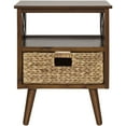 eHemco XSide MidCentury Nightstand End Table with Storage Shelf and Wicker Basket, Walnut
