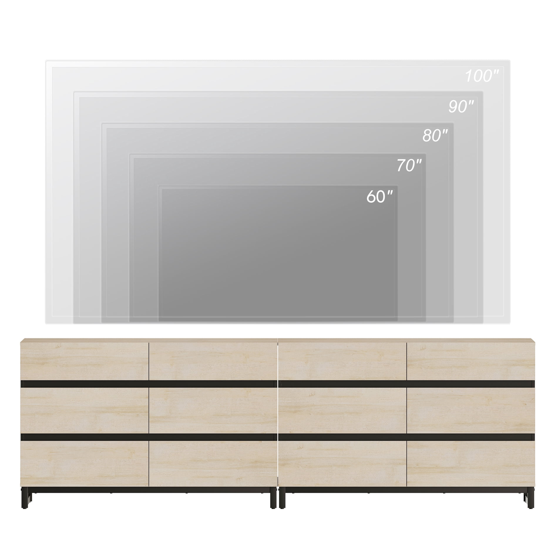 Modern TV Stand with 12 Drawers and Sturdy Metal Base, Entertainment Center Media Console for Living Room and Bedroom, Fits TVs up to 100 Inch, Beige