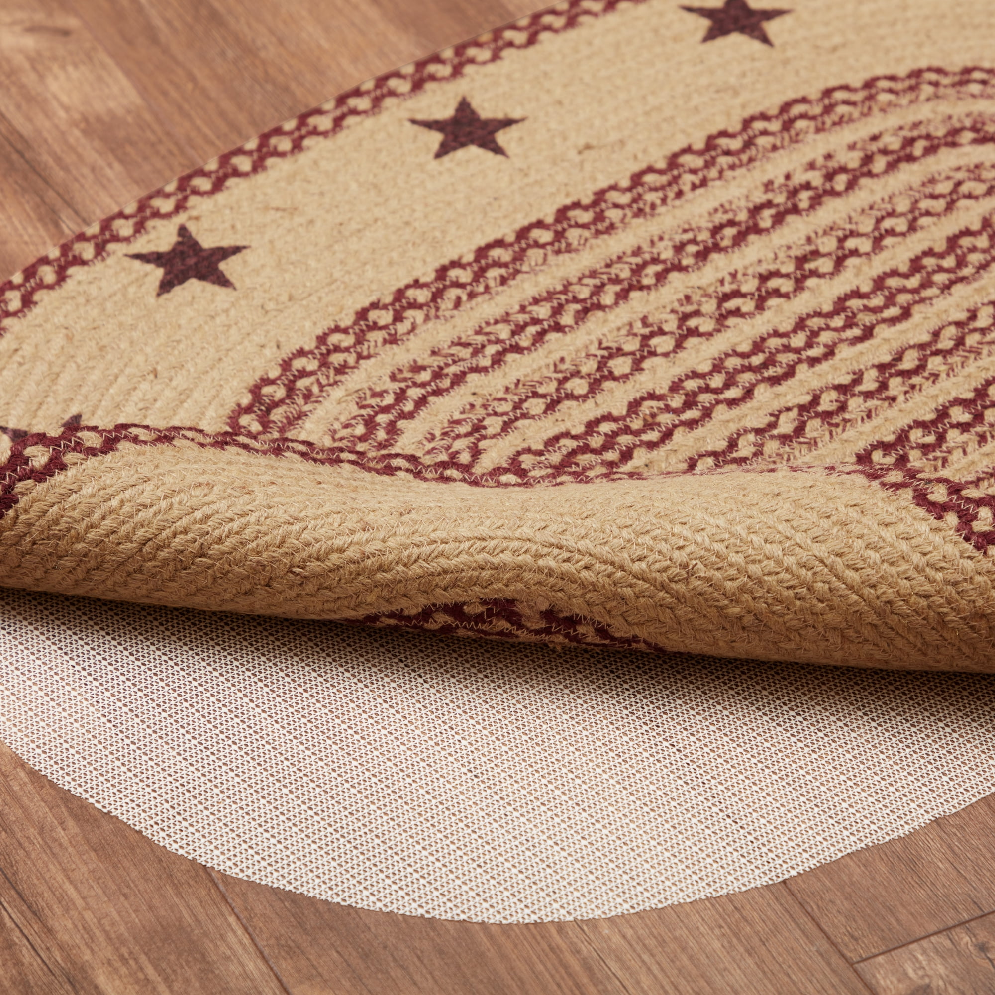 VHC Brands Burgundy Tan Jute Rug Oval Stencil Stars w/Pad 24x36
