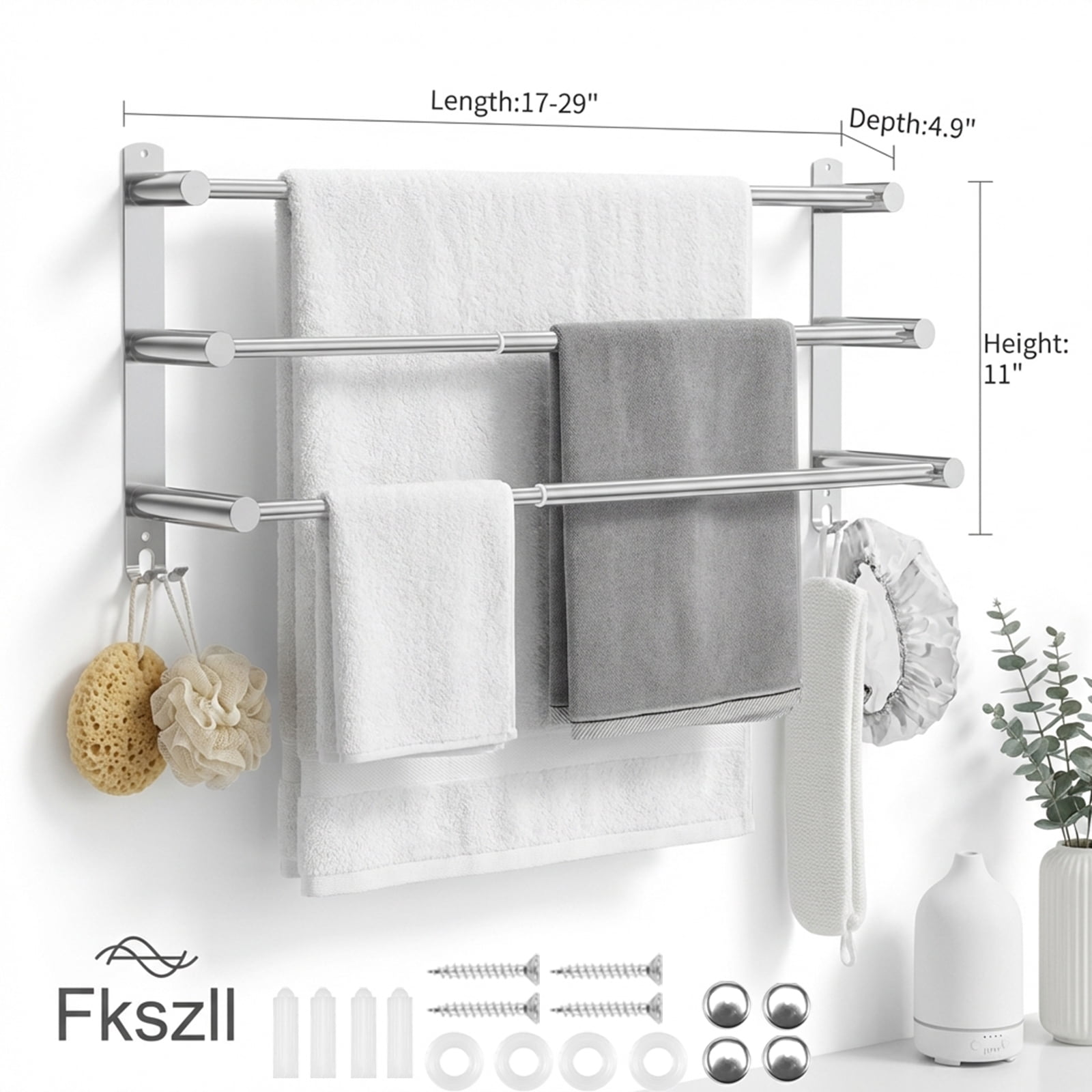 FKSZLL Towel Bars Hanger Stainless Steel Towel Rack, Three Tier Wall Mount Towel Holder, No Punch, Adjustable 17-29 inch with Hooks for Bathrooms and Kitchens
