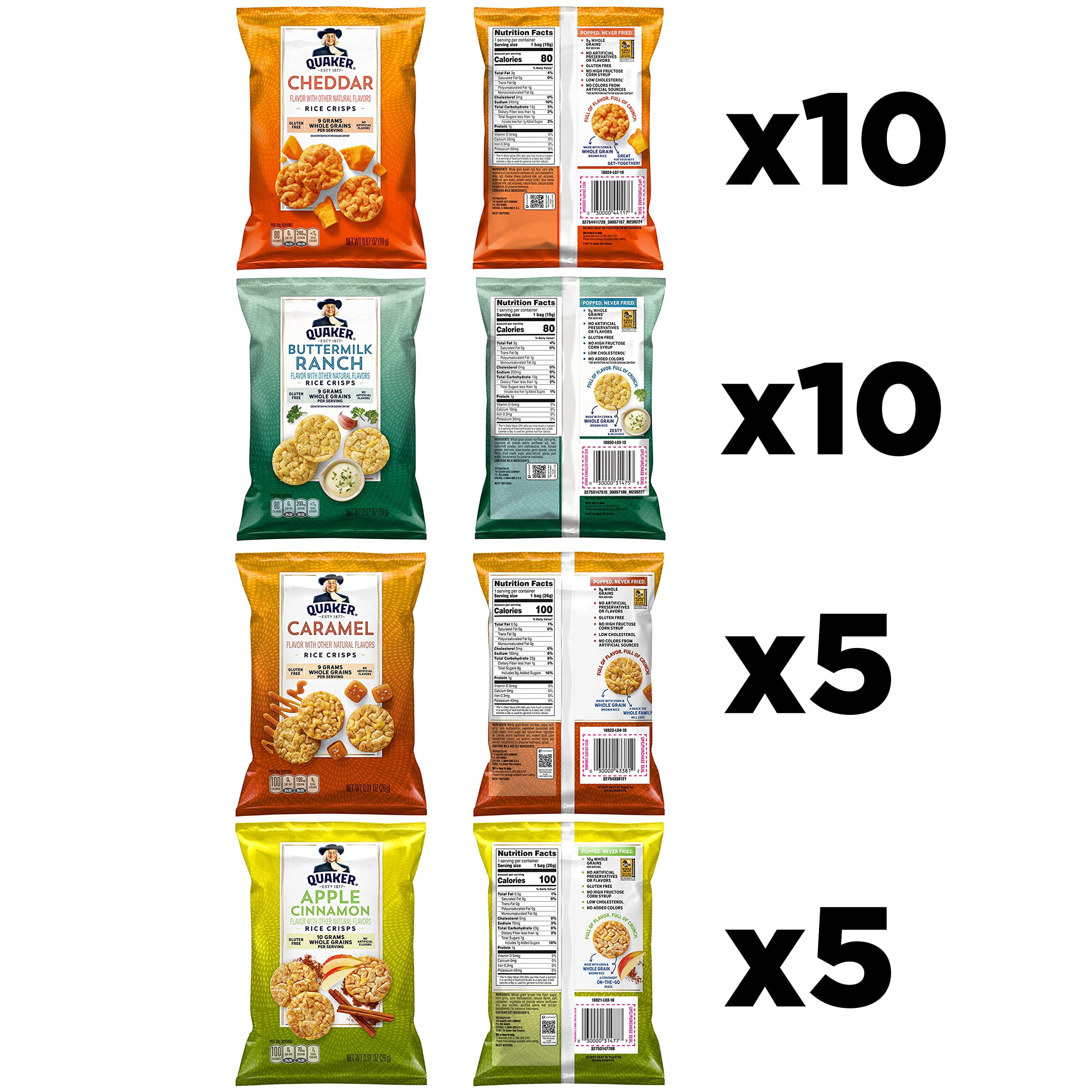 Quaker Rice Crisps, Gluten Free, HYZ01 4 Flavor Sweet and Savory Variety Mix, Single Serve, 30 count