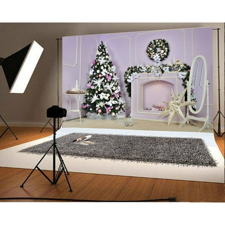 Image of MOHome 7x5ft Christmas Photography Backdrop Tree Interior Decorations Fireplace Garland White Cage Light Purple Wall Mirror Scene Photo Background Children Baby Adults Portraits Backdrop