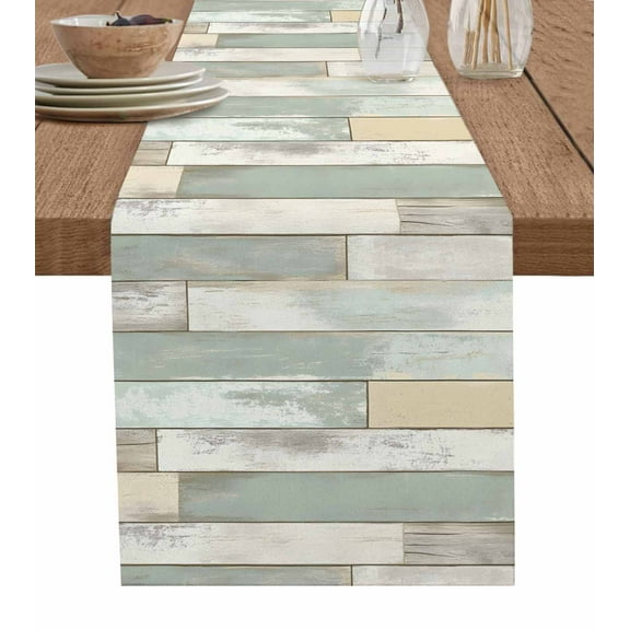 Beige Light Green Table Runner 72 Inches, Farmhouse Wooden Striped Bed Runner Dresser Scarves Tabletop for Indoor Outdoor Parties/Ceremony/Banquet, 13" x 72"