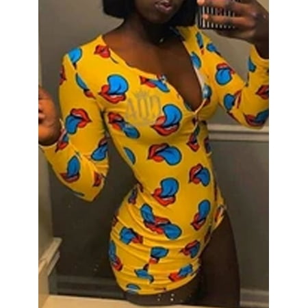 

Women Sleepwear Pyjamas Deep V-neck Long Sleeve Cute Pattern Print Button