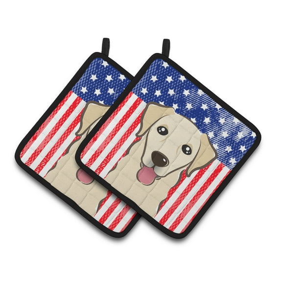 American Flag and Golden Retriever Pair of Pot Holders