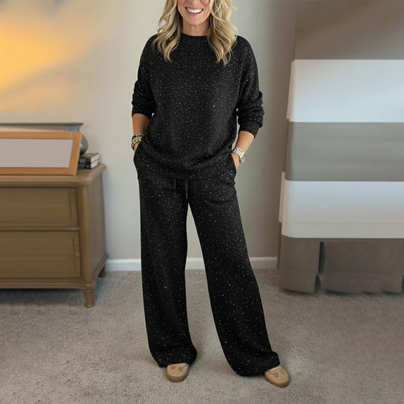 Women's Solid Color Sequin Set, 2 Piece Sparkly Sweatshirt and Pants Outfit, Lounge Wear Coordinated Set, Shiny Jogger Set, Casual Matching Set, Comfortable Two-Piece Ensemble Black