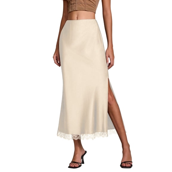 Npasoilc Lace Side Slit Elastic Waist Skirt for Women Summer Solid Color Half Skirt