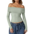 thumbnail image 2 of Women Long Sleeve Tops Off The Shoulder Shirts Fitted Going Out Y2K Crop Top Light Green XS, 2 of 3