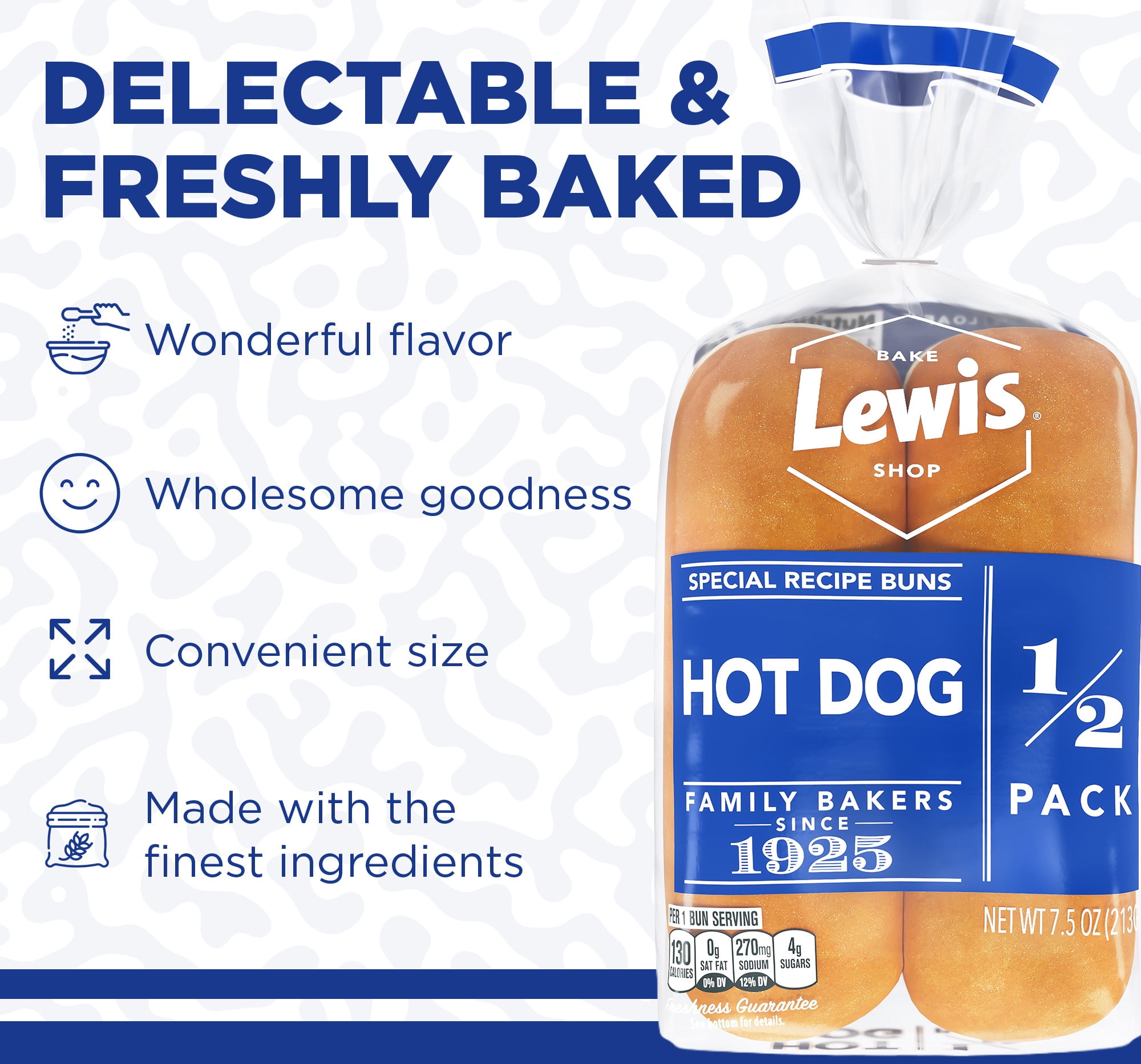 Lewis Bake Shop White Half Pack Hot Dog Buns, 7.5 oz, 4 Count