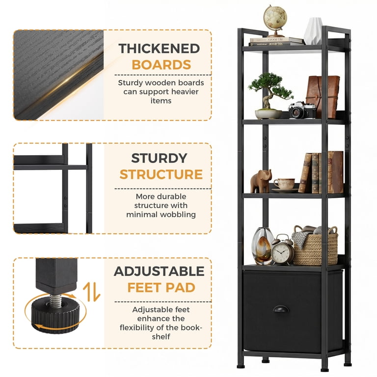 Edx 55-Inch Tall 5-Tier Bookshelf With Drawer, Black photo 5