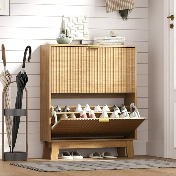 FANRAL Shoe Cabinet Entryway with 2 Flip Drawers,Narrow Shoe Storage Hidden Shoe Rack,Fluted Wood Shoe Organizer,Natural Oak Shoe Cabinet