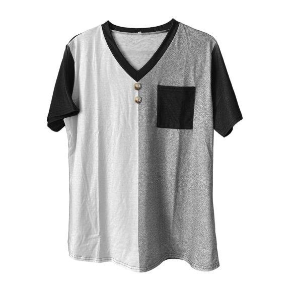 Tiqkatyck Women Summer Tops Clearance, Womens Fashion V Neck Button Pocket Short Sleeve Contrasting Color T Shirt Fashion Loose Tops for Women Trendy, T Shirts for Women Black L
