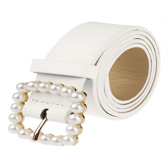 TELOLY Women Faux Leather Pearl Buckle Belt Wide Belts for Women 1.2" Wide Waistbelts for Jeans