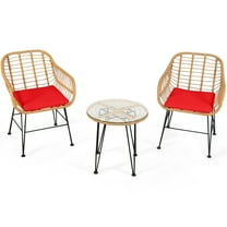 Patiojoy 3 Pieces Patio Furniture Set w/Tempered Glass Coffee Table Set for Garden and Backyard Red Cushions
