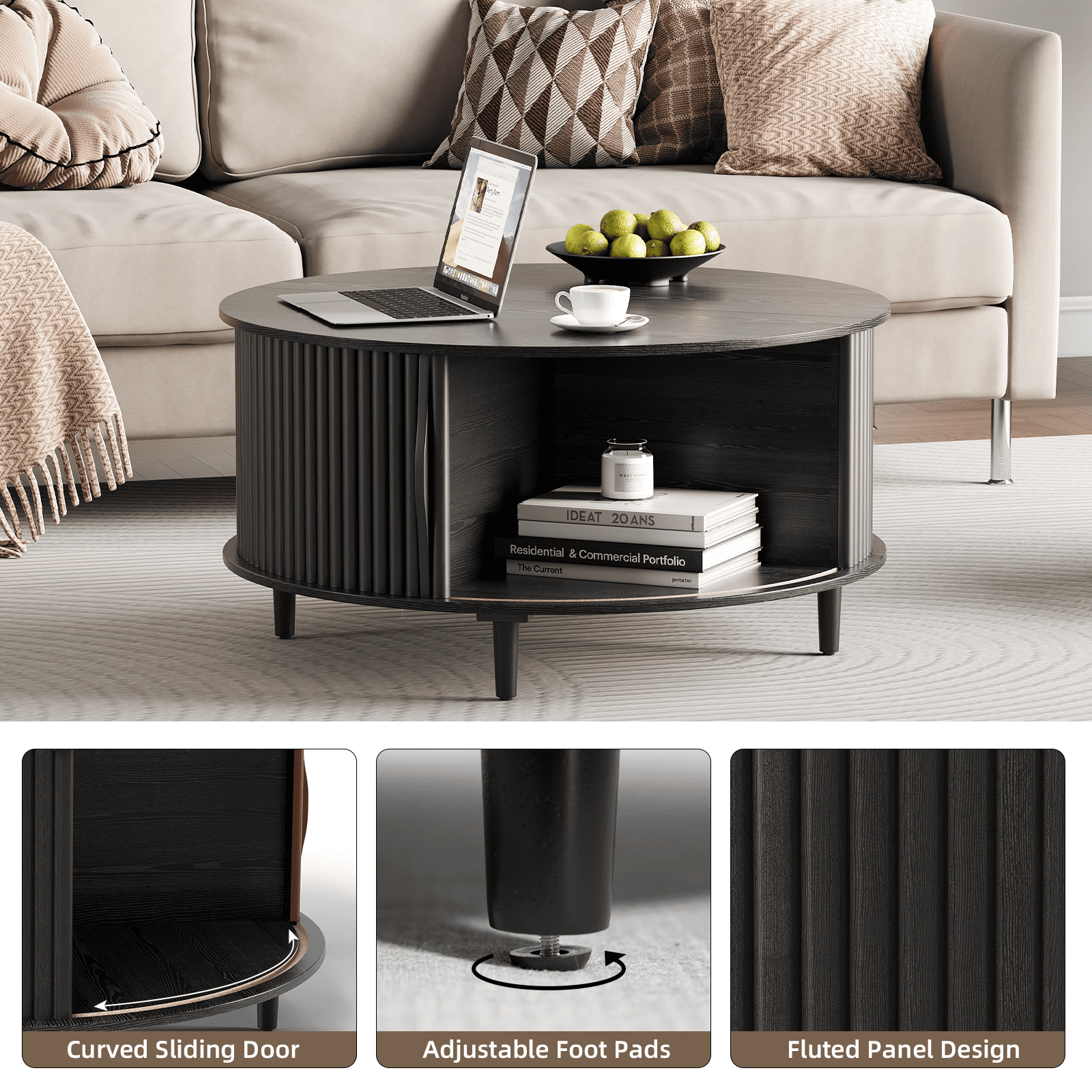 JOINICE Round Coffee Table with Hidden Compartment and Open Storage Shelf,Waveform Panel Sofa Table for Living Room,Black
