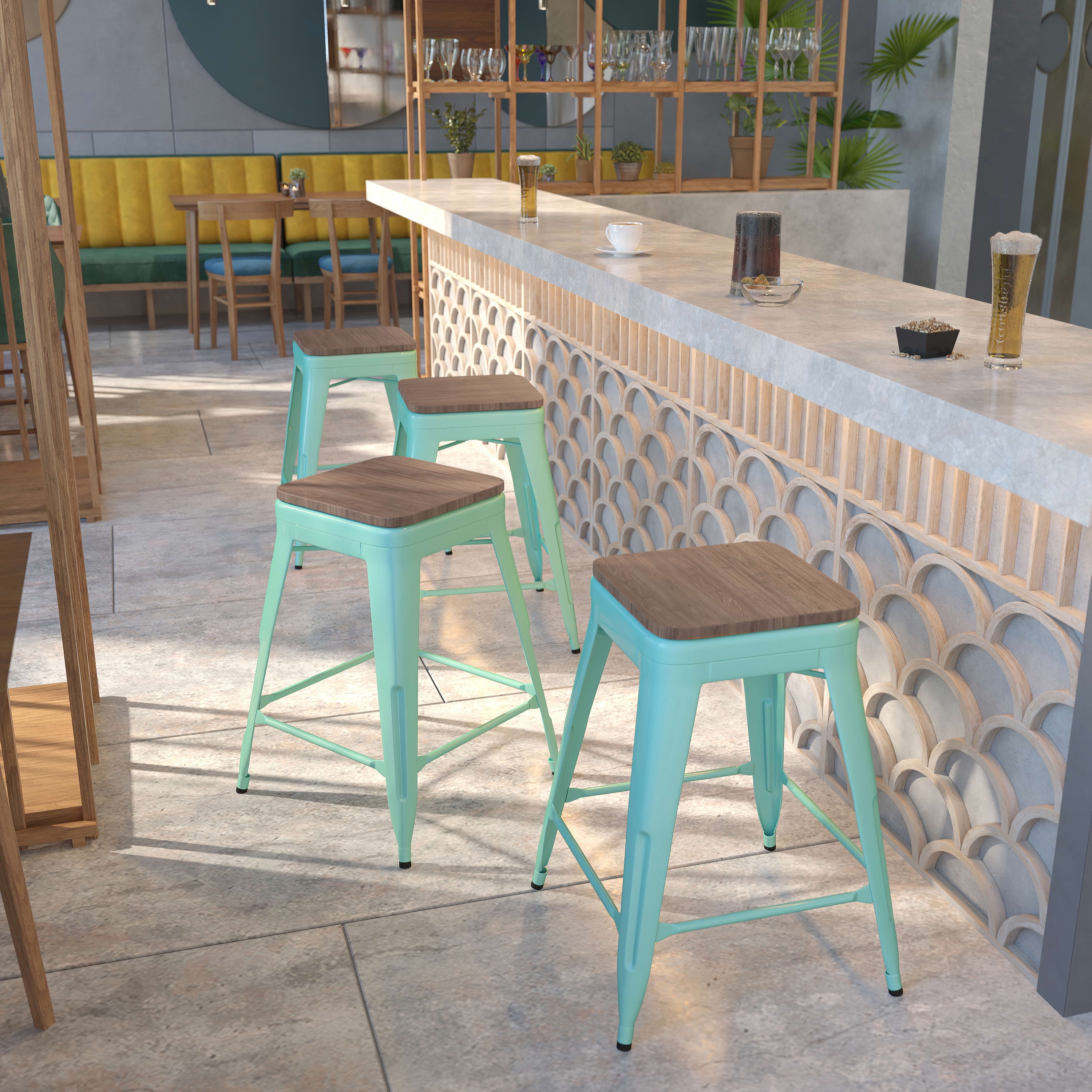 Flash Furniture 4 Pk. 24" High Backless Mint Green Counter Height Stool with Square Wood Seat