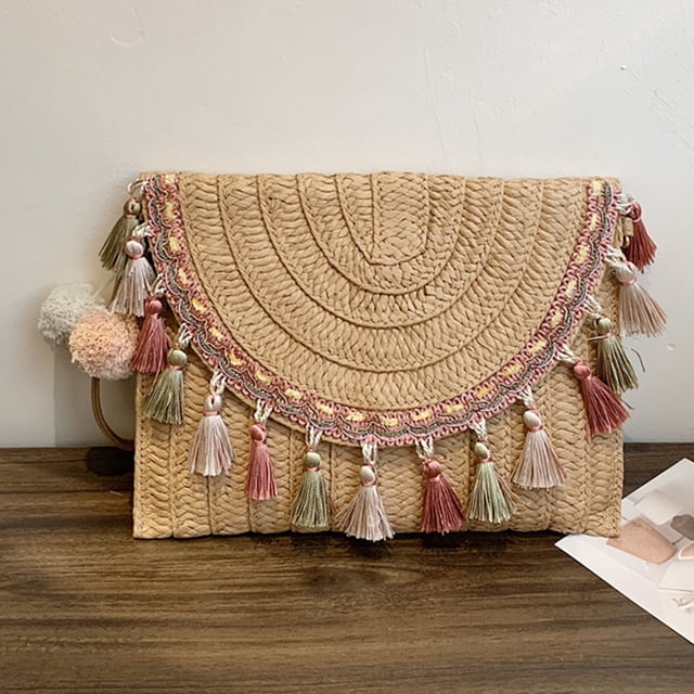 Bolso cruzado de mujer con borlas, bolso tejido de paja informal de verano para ir de compras (caqui) Sywqhk Para Estrenar