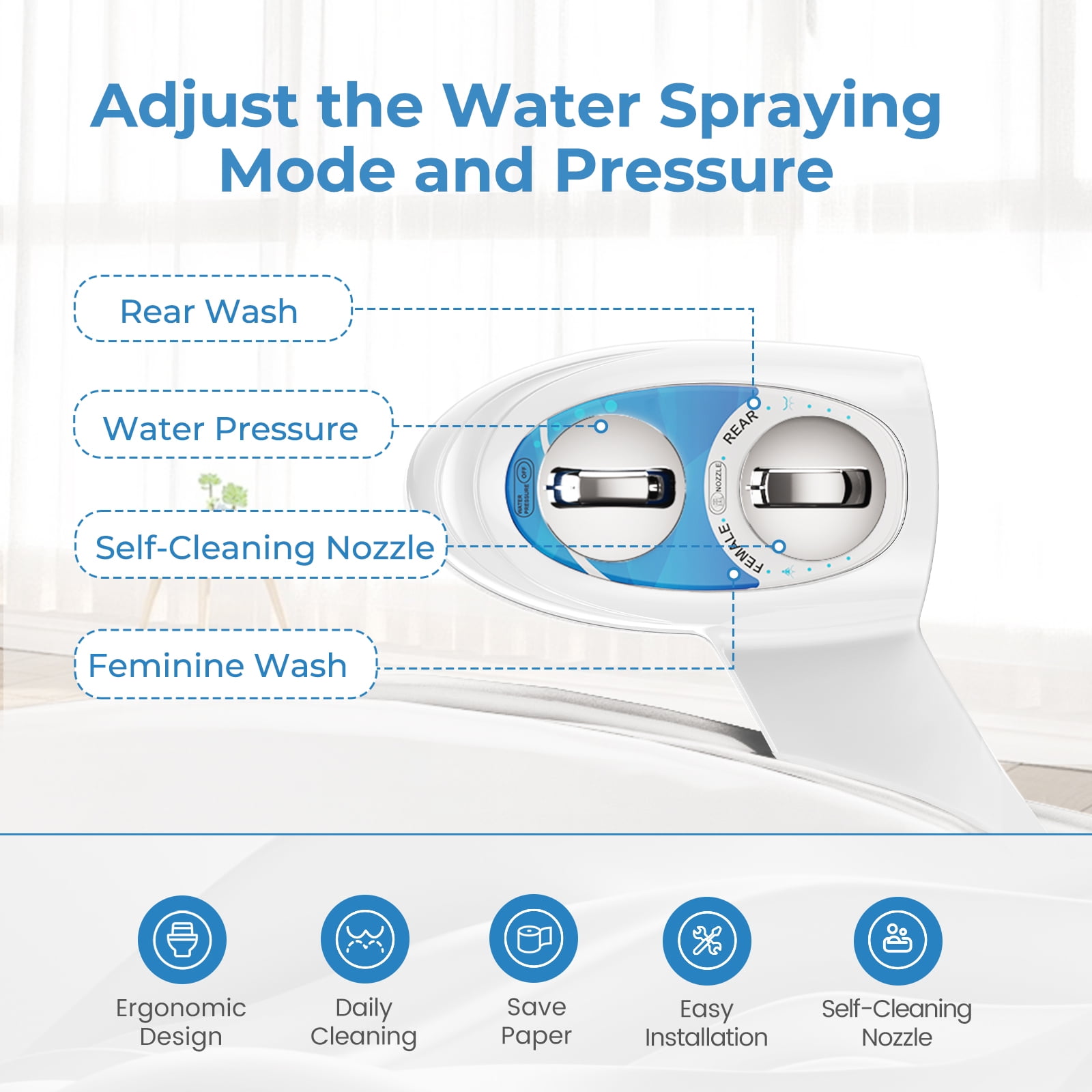 KINGTACK Bidet Attachment for Toilet, Non-Electric Self-Cleaning Bidet Seat Attachment, Fresh Cold Bidet Attachment for Feminine/Posterior Wash, with Adjustable Pressure Control (Blue/White)