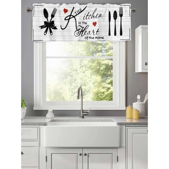 Kitchen in The Home Words Valances for Windows,Kitchen Valance Rod Pocket Short Curtain,Red Heart Tableware Valance Curtain Window Valances for Bedroom Living Room 42x12in