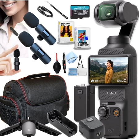 DJI Osmo Pocket 3 , Vlogging Camera, 4K/120fps Vlog Camera, 3-Axis Stabilization, Face/Object Tracking, + 64GB Memory, 2pc Mic, Software + More (PodCast Vlogging Bundle)