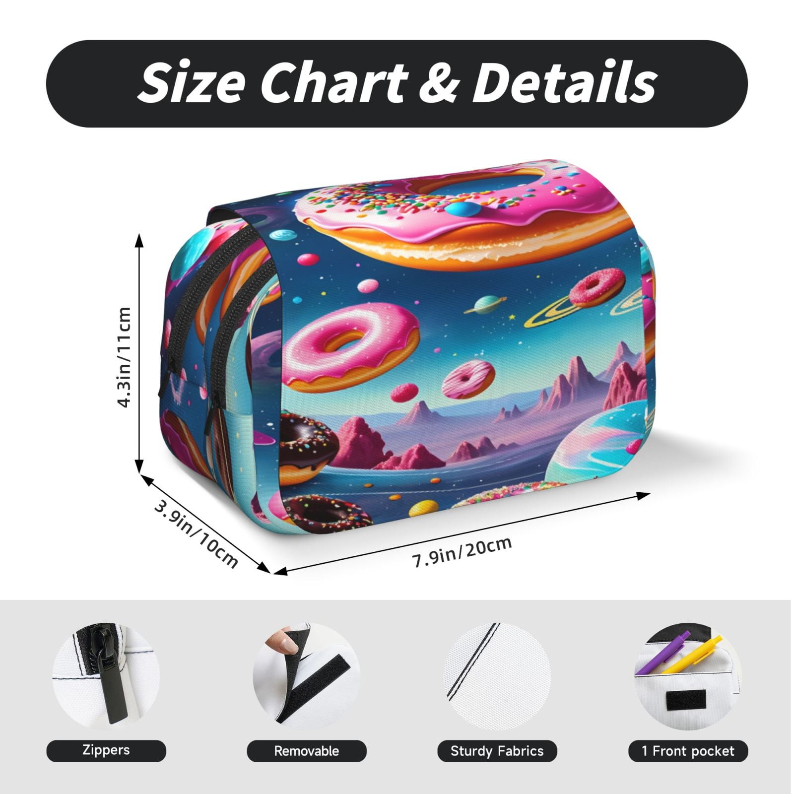 Rateoe Starry Sky Colorful Donut Pattern Double Clamshell Pen Case, Storage Organizer with Two Zipper Compartments– Holds Up to 50 Pencils & Pens