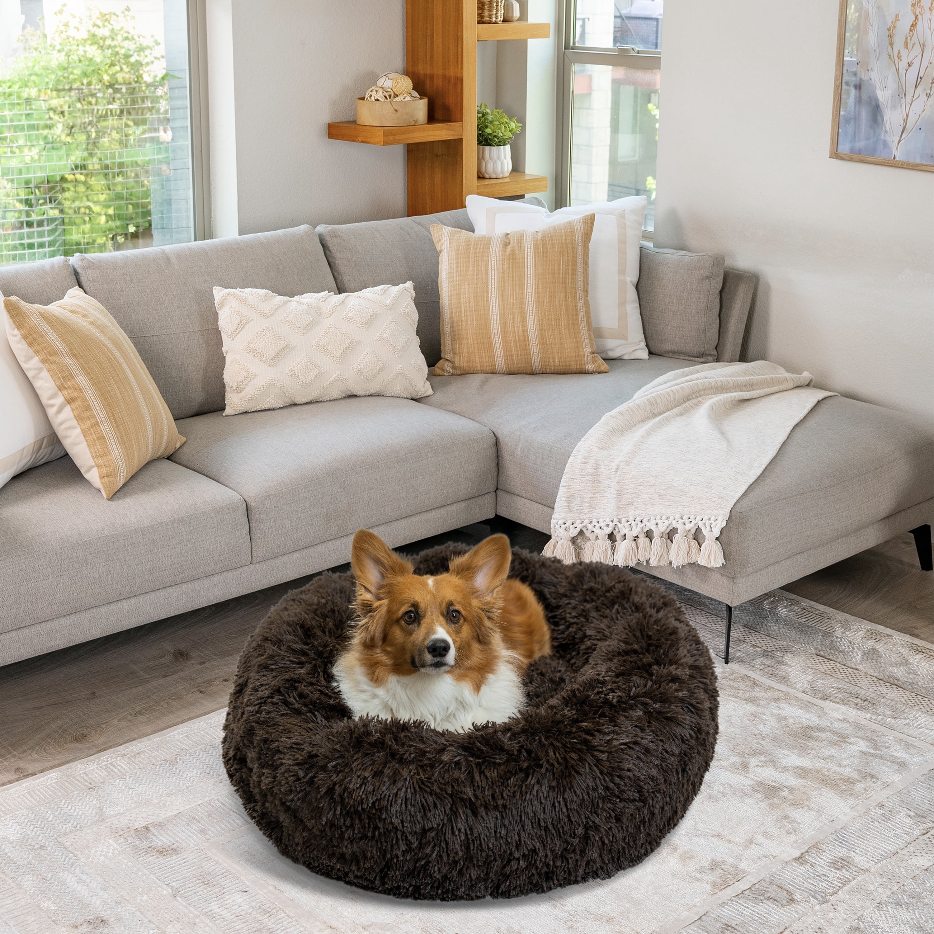 Best Friends by Sheri The Original Calming Donut Dog and Cat Bed in Shag Fur Dark Brown, Medium 30x30"