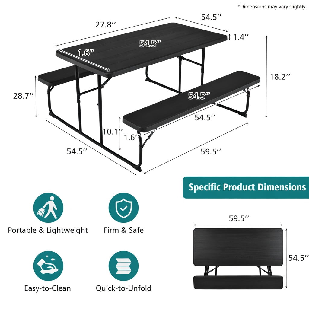 Hommoo Folding Outdoor Picnic Table & Bench Set, Steel Frame with Wood-Look HDPE Top, Heavy-Duty Folding Patio Table for Backyard, Camping, and Tailgating, Black