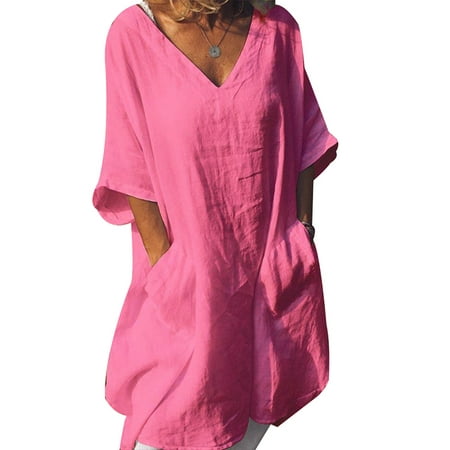Neck Half Sleeve Dresses Women's V Neck Linen Tunic Tops Half Sleeve Summer Loose Fit Casual Dresses with Pockets ()