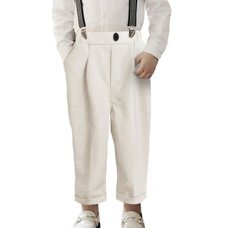 LOCHEX Boys Dress Pants Adjustable Waist with Button Flat Front Pant Wedding School Solid Color Uniforms Pants,White, 11-12