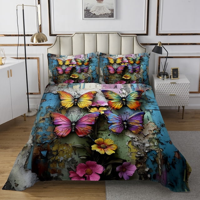 Ensemble de Couvre-Lit Papillon Aquarelle Coléoptères, Ensemble de Courtepointe Papillons Rêveurs Queen, Motif Esthétique d'Insectes Décor de Chambre Rustique
