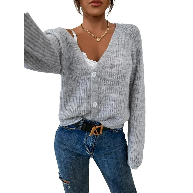 grey v neck cardigan women's