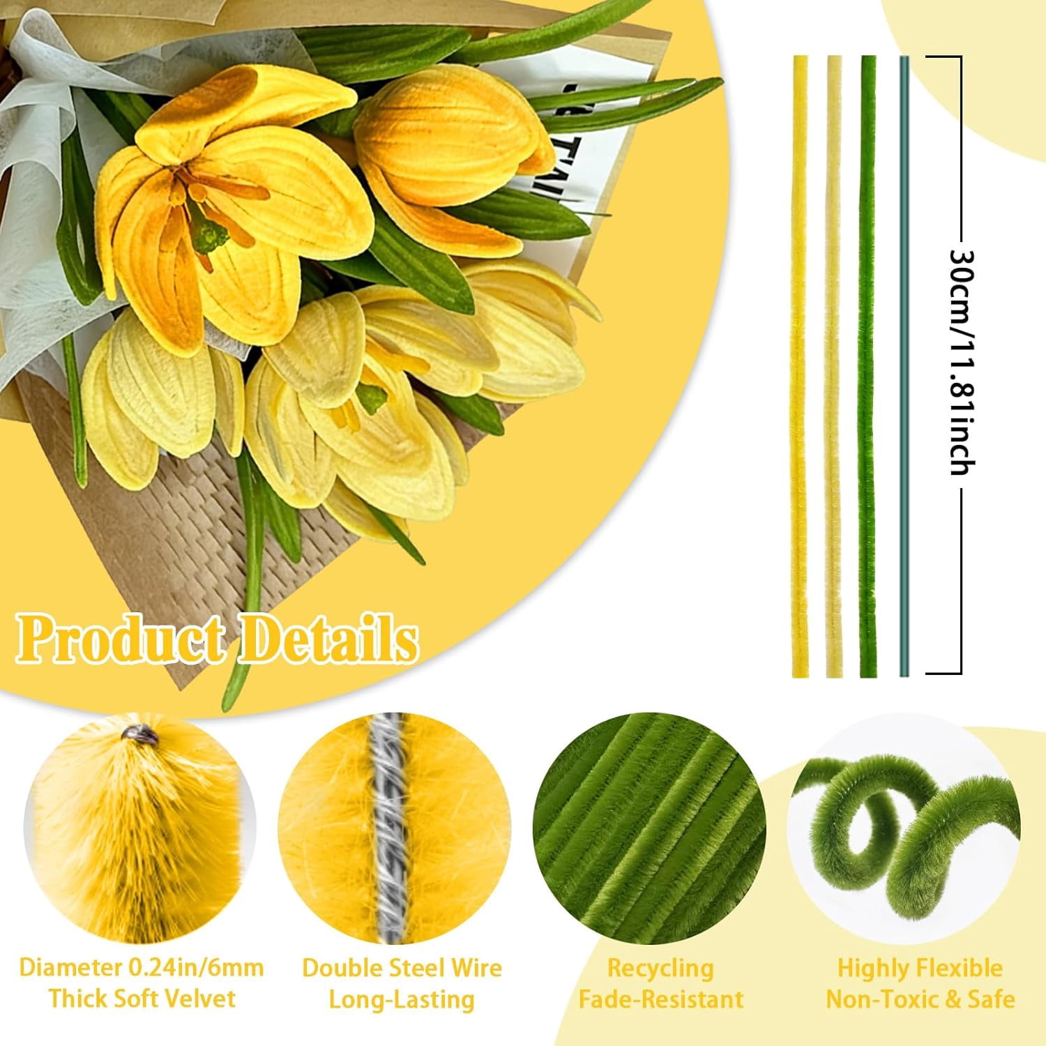 150 PCS Pipe Cleaners for Craft Flowers,3 Colors Chenille Stems Bouquet Kit with Floral Wire,Tape,Ribbon,Wrapping,Bouquet Brochure for DIY Bouquets & Gifts and Arts (Yellow)