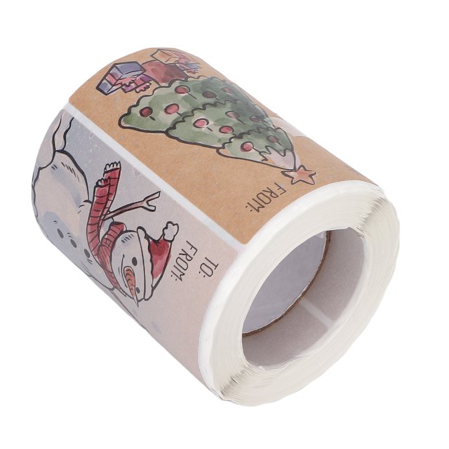 Xmas Decorative Stickers, Writable Christmas Seals for envelopes, boxes, and cards. A roll of 250 holiday labels featuring festive designs such as snowmen, Christmas trees, and gift boxes. Each sticker measures approximately 75x50mm (3x2in) and includes writable spaces for personalized messages. Ideal for gift box packaging, card decoration, and holiday crafts.