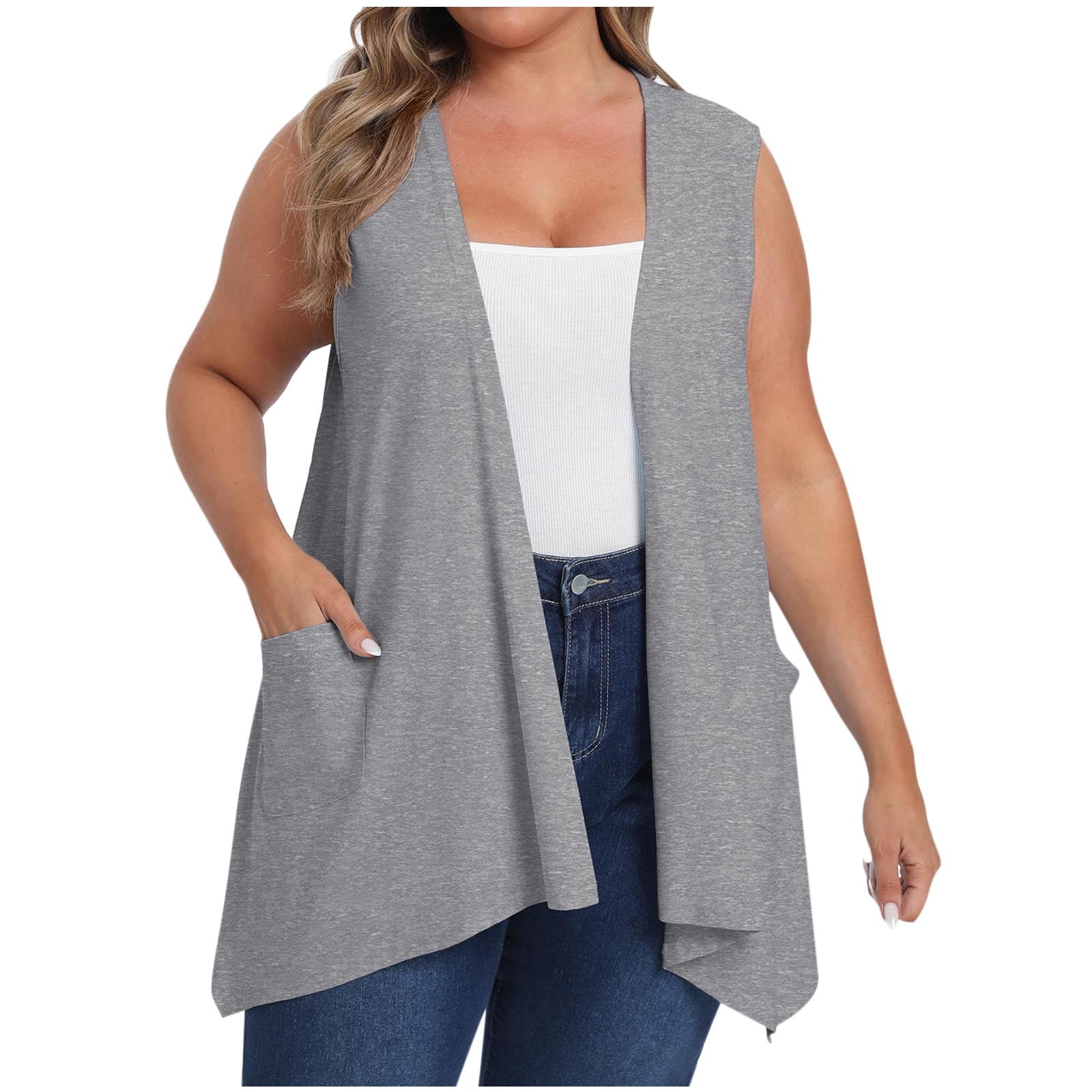 Plus Size Women Sleeveless Cardigan Open Front Lightweight Coat